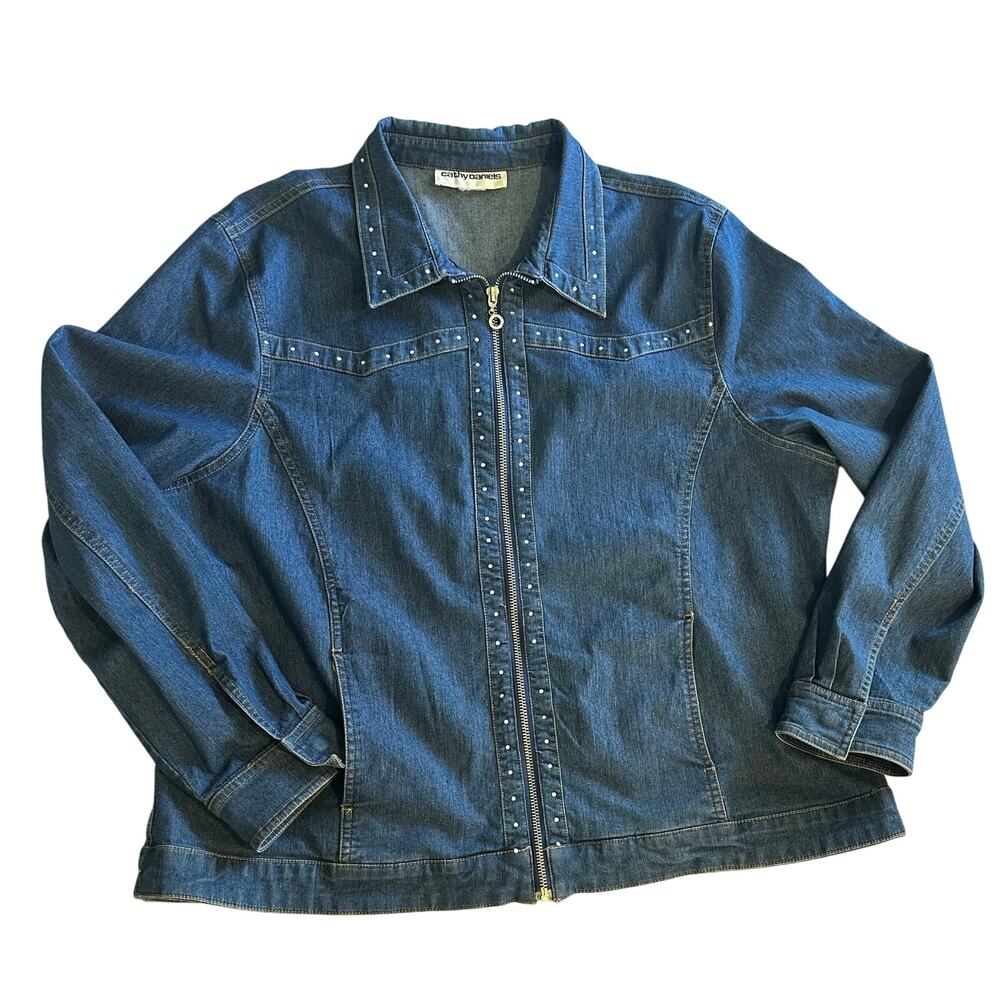 Cathy Daniels Embellished Denim Jacket xlarge Blue Zip Front Casual 100% Cotton